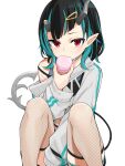  1girl bangs black_hair blue_hair blush commentary_request demon_girl demon_horns demon_tail eating feet_out_of_frame fishnet_legwear fishnets flat_chest grey_sweater grey_tank_top hair_ornament hairclip highres horns long_sleeves looking_at_viewer medium_hair migchip multicolored_hair off_shoulder official_alternate_costume pointy_ears red_eyes shishio_chris simple_background sitting solo strap_slip sugar_lyric sweater tail tank_top thighhighs two-tone_hair virtual_youtuber white_background 