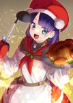  1girl apron bangs belt blue_eyes blunt_bangs brooch brown_belt brown_shirt christmas commentary_request eyebrows_visible_through_hair fate/grand_order fate_(series) food frilled_apron frills fur-trimmed_skirt fur_trim hat highres holding holding_food holding_ladle holding_plate jewelry ladle long_hair long_sleeves looking_at_viewer martha_(fate) martha_(santa)_(fate) mittens open_mouth plate purple_hair red_headwear red_scarf red_skirt ryofuhiko santa_hat scarf shirt skirt smile solo tongue turkey_(food) twitter_username upper_body white_apron 