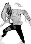  1boy chainsaw chainsaw_man denji_(chainsaw_man) fighting_stance fingernails hatching_(texture) highres male_focus necktie oosawara_sadao open_mouth sharp_teeth sleeves_rolled_up solo standing teeth 