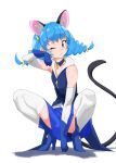  1girl animal_ears armpits bare_shoulders blue_choker blue_footwear blue_gloves blue_hair blue_skirt blue_vest boots braid cat_ears cat_girl cat_tail choker collarbone commentary cure_cosmo detached_sleeves eyebrows_visible_through_hair gloves hand_up high_heel_boots high_heels highres long_hair magical_girl orange_eyes paw_pose pleated_skirt precure shadow simple_background skirt solo squatting star_twinkle_precure tail tanabe_(fueisei) thighhighs triangle_hair_ornament twin_braids vest white_background white_legwear white_sleeves yuni_(precure) zipper 