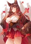  1girl akagi_(azur_lane) animal_ears azur_lane breasts brown_coat brown_gloves brown_hair brown_tail cleavage cleavage_cutout clothing_cutout coat eyebrows_visible_through_hair gloves half_gloves kitsune kyuubi large_breasts large_tail long_hair looking_at_viewer magic metal_belt miniskirt multiple_tails open_clothes open_coat partially_fingerless_gloves pleated_skirt red_skirt sakuramon sea_nami skirt solo standing tail wide_sleeves 