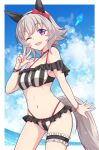  1girl ;d animal_ears bangs bare_arms bare_shoulders bikini black_hairband bow bracelet breasts curren_chan_(umamusume) day e20 ear_bow eyebrows_visible_through_hair frilled_bikini frills grey_hair hairband hand_up highleg highleg_bikini highres horizon horse_ears horse_girl horse_tail jewelry layered_bikini looking_at_viewer medium_breasts navel ocean one_eye_closed purple_eyes red_bow smile solo striped striped_bikini swimsuit tail umamusume vertical-striped_bikini vertical_stripes w water 