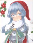  1girl blue_hair buttons christmas coat commentary_request double-breasted fur-trimmed_headwear fur_trim gotland_(kancolle) hat highres holly kantai_collection long_hair looking_at_viewer marker_(medium) mole mole_under_eye santa_costume santa_hat scarf smile traditional_media white_scarf yuuki_chima 