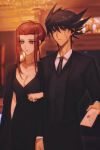  1boy 1girl 2rzmcaizerails6 absurdres black_dress black_hair black_jacket black_necktie black_pants black_vest blonde_hair blue_eyes blurry blurry_background breasts brown_eyes cleavage closed_mouth collarbone collared_shirt couple dress earrings facial_mark formal fudou_yuusei hair_intakes hetero highres indoors izayoi_aki jacket jewelry letter long_dress long_hair medium_breasts multicolored_hair necklace necktie open_clothes open_jacket pants red_hair ring shiny shiny_hair shirt spiked_hair two-tone_hair vest wedding_ring white_shirt wing_collar yu-gi-oh! yu-gi-oh!_5d&#039;s 