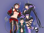 3girls bangs belt beltbra black_hair black_jacket black_pants black_ribbon black_sports_bra blue_belt blue_eyes blue_hair blunt_bangs blush breasts chain chest_belt closed_mouth clothing_cutout commentary_request cropped_jacket cross-laced_pants cross-laced_sleeves demon_girl demon_horns demon_tail ear_chain fang feet_out_of_frame flat_chest foot_out_of_frame heart horns jacket k_waremono kneehighs kojo_anna large_breasts leg_ribbon leg_up long_hair long_sleeves looking_at_another medium_breasts midriff multicolored_hair multiple_girls navel off_shoulder open_clothes open_jacket open_mouth pants pointy_ears purple_background purple_hair purple_legwear red_eyes red_hair red_sports_bra ribbon ryugasaki_rene shishio_chris shoes short_hair shoulder_cutout smile sneakers sports_bra sugar_lyric tail twintails two-tone_hair underboob very_long_hair virtual_youtuber white_footwear yellow_eyes 