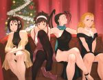  4girls absurdres antenna_hair bare_legs black_hair blonde_hair brown_hair dress drill_hair hair_ornament highres ibuki_(street_fighter) justice_gakuen kanzuki_karin kasugano_sakura kazama_akira looking_at_another multiple_girls pantyhose ponytail shawl short_hair skull_hair_ornament smile street_fighter street_fighter_v very_short_hair yuenibushi 