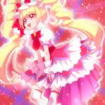  1girl aisaki_emiru blonde_hair bow bowtie cure_macherie curly_hair dress earrings gloves hair_bow highres hugtto!_precure jewelry layered_dress long_hair looking_away magical_girl nijigami_rin open_mouth pom_pom_(clothes) pom_pom_earrings precure puffy_sleeves red_background red_bow red_bowtie red_eyes smile solo thighhighs twintails white_gloves white_legwear 