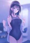  1girl black_eyes black_hair black_leotard blurry blurry_background breasts commentary_request covered_navel cowboy_shot dress_shirt highres leotard long_hair looking_at_viewer medium_breasts nagidango night open_clothes open_shirt original shirt solo standing 