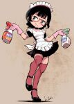  1girl apron black_hair bottle glasses gloves holding kiichi latex latex_gloves maid maid_apron maid_headdress original red_legwear semi-rimless_eyewear short_hair short_sleeves simple_background smirk solo spray_bottle standing standing_on_one_leg thighhighs 