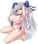  1girl :d armpits arms_behind_head arms_up bare_arms bare_legs bare_shoulders barefoot bemani bikini blue_nails blue_ribbon breasts cleavage collarbone eyebrows_visible_through_hair front-tie_bikini front-tie_top full_body hair_between_eyes hair_lift hair_ribbon kneeling large_breasts long_hair micro_bikini nail_polish navel open_mouth orange_eyes ortlinde=nblg=valkyria ribbon sate_hatena shadow shiny shiny_skin side-tie_bikini silver_hair simple_background smile solo sound_voltex swimsuit thighs toenail_polish toenails underboob very_long_hair white_background white_bikini 