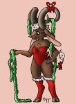  absurd_res ahotandsweatydog anthro bell bovid bow caprine clothed clothing female frown goat hair hi_res horn legwear looking_at_viewer mammal one_piece_suit ramantha ribbons simple_background solo standing stockings tinsel 