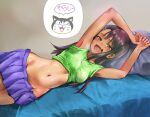  1girl absurdres alternate_costume armpits black_hair breasts brown_eyes cat dark_skin goldowl hair_ornament hairclip highres ijiranaide_nagatoro-san indoors looking_at_viewer lying nagatoro_hayase navel on_bed on_side open_mouth skirt small_breasts solo stomach 
