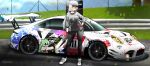  1girl absurdres akashi_(azur_lane) azur_lane baseball_cap car full_body glasses gloves gran_turismo ground_vehicle hat highres jacket logo looking_at_viewer michelin motor_vehicle nurburgring porsche porsche_911 prinz_eugen_(azur_lane) racetrack shoes sneakers spoiler_(automobile) vehicle_focus zyrex 