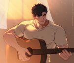  1boy acoustic_guitar artist_name bara black_hair guitar holding holding_instrument instrument large_pectorals male_focus muscular muscular_male music original pectorals playing_instrument shirt short_hair smile solo thick_eyebrows upper_body white_shirt y9tti 