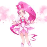  1girl blush boots bow brooch choker colored_eyelashes cowboy_shot cure_blossom earrings flower flower_earrings hair_bow hair_flower hair_ornament hanasaki_tsubomi heartcatch_precure! high_ponytail highres jewelry knee_boots legs_apart long_hair looking_at_viewer magical_girl nijigami_rin pink_bow pink_choker pink_eyes pink_hair pink_skirt pink_theme precure puffy_sleeves skirt smile solo standing white_background white_footwear wrist_cuffs 