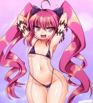  1girl :d ahoge animal_ear_headphones arms_behind_head arms_up ass_visible_through_thighs bangs bemani bikini blue_pupils breasts cat_ear_headphones collarbone cowboy_shot eyebrows_visible_through_hair grace_(sound_voltex) gradient gradient_background groin hair_between_eyes halo headphones long_hair micro_bikini midriff navel open_mouth pink_eyes pink_hair purple_bikini sate_hatena shiny shiny_skin sidelocks skindentation small_breasts smile solo sound_voltex swimsuit thigh_gap thighs twintails underboob v-shaped_eyebrows very_long_hair 