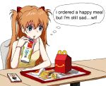  1girl 1other after_meal aiu404l alternate_hair_color aqua_hair blue_eyes breasts camisole chicago_white_sox collarbone crumpled_paper cup drinking drinking_straw dual_wielding english_text fast_food food french_fries frown furrowed_brow happy_meal hat holding holding_cup ikari_shinji ios_(os) iphone_12 light_blush looking_away mcdonald&#039;s meme mug neco-arc neon_genesis_evangelion orange_hair photo_inset red_wristband restaurant shinji_holding_a_mug_(meme) shiny shiny_hair simple_background small_breasts smug solo souryuu_asuka_langley spaghetti_strap sunglasses table tareme thought_bubble timestamp tray tsukihime white_background yellow_camisole 