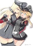  2girls ahenn aqua_eyes bare_shoulders bismarck_(kancolle) black_legwear black_skirt blonde_hair blue_eyes blush breasts brown_gloves cowboy_shot detached_sleeves eyebrows_visible_through_hair gloves grey_headwear grey_legwear hair_between_eyes hat kantai_collection large_breasts long_hair long_sleeves low_twintails military military_uniform miniskirt multiple_girls open_mouth peaked_cap pleated_skirt prinz_eugen_(kancolle) simple_background skirt thighhighs twintails twitter_username uniform white_background white_gloves 