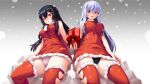  2girls :o arata bangs black_hair black_panties check_commentary clothing_cutout commentary commentary_request covered_nipples crotch_seam dress fur-trimmed_dress fur-trimmed_legwear fur_trim genderswap genderswap_(mtf) gift grey_panties halterneck hand_on_own_thigh heart_cutout highres holding holding_gift long_hair microdress multiple_girls open_mouth original panties pantyshot red_eyes red_legwear ren_(witch&#039;s_weapon) santa_dress side-by-side sitting smile snowing thighhighs underwear 