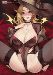  1girl absurdres black_legwear blonde_hair blue_eyes breasts choker cian_yo cleavage collar garter_belt hat highres large_breasts leotard lips looking_at_viewer mercy_(overwatch) overwatch parted_lips pubic_tattoo sex solo spread_legs tattoo thick_thighs thighhighs thighs witch witch_hat witch_mercy 