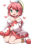  1girl ahoge bare_shoulders blush final_fantasy final_fantasy_fables full_body fun_bo green_eyes hair_ornament looking_at_viewer open_mouth pink_hair robe shirma short_hair simple_background smile solo sweat white_background white_mage 