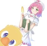  1girl blue_eyes chocobo closed_mouth dress final_fantasy final_fantasy_fables green_eyes hat looking_at_viewer pink_hair quill shirma short_hair simple_background smile syica white_background white_mage 