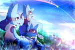 2021 3:2 ambiguous_gender anthro blue_body canid canine chain-link_fence chest_spike city cloud digital_media_(artwork) fence glare grass group hi_res hill kinozel looking_at_another lucario mammal nintendo one_eye_closed outside plant pok&eacute;mon pok&eacute;mon_(species) riolu shooting_star sitting sky smile spikes spikes_(anatomy) standing tongue trio video_games 