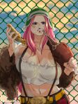  1girl anti-eyebrow_piercing backlighting bare_shoulders belt boned_meat breasts chain-link_fence cleavage clenched_teeth collarbone eating evening fence food frills fur_jacket hands_up hat highres holding holding_food huge_breasts jacket jewelry_bonney lipstick long_hair long_sleeves looking_at_viewer makeup mattsun_(lyohei) meat midriff navel off_shoulder one_piece outdoors piercing pink_hair pizza pizza_slice purple_eyes solo stomach strapless suspenders teeth tube_top unaligned_breasts upper_body v-shaped_eyebrows 