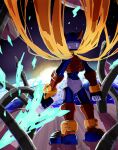  1boy android blonde_hair earth_(planet) energy_sword gloves helmet highres holding long_hair male_focus mega_man_(series) mega_man_zero planet solo space sun sword very_long_hair weapon zero_(mega_man) 