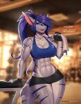  2021 5_fingers abs anthro blue_eyes blue_hair blurred_background bodily_fluids bottomwear bra breasts cleavage clothed clothing dialogue digital_media_(artwork) doomthewolf english_text female fingerless_gloves fingers fish gloves hair handwear hi_res long_hair looking_at_viewer marine muscular muscular_anthro muscular_female non-mammal_breasts open_mouth sally_(doomthewolf) shark sharp_teeth shorts solo sports_bra sweat talking_to_viewer teeth text thick_thighs towel underwear 