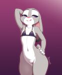  2021 4_fingers anthro bedroom_eyes bikini bikini_top black_bikini_top bottomless buckteeth claws clothed clothing disney eyelashes female fingers flat_chested fur genitals grey_body grey_fur half-closed_eyes hand_behind_head hand_on_hip hi_res judy_hopps kionant lagomorph leporid licking licking_lips looking_at_viewer mammal multicolored_body multicolored_fur narrowed_eyes navel pink_nose purple_background purple_eyes pussy rabbit scut_tail seductive short_tail signature simple_background solo standing swimwear teeth tongue tongue_out white_body white_fur zootopia 