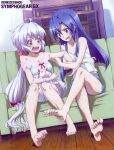  2girls absurdres ahoge artist_request bangs bare_shoulders barefoot blue_hair blue_shorts blush bow breasts camisole cleavage collarbone copyright_name couch crossed_legs cupboard eyebrows eyebrows_visible_through_hair eyelashes feet hair_bow hair_down hair_ornament hair_scrunchie highres kazanari_tsubasa locked_arms long_hair low-tied_long_hair low_twintails medium_breasts midriff multi-tied_hair multiple_girls no_hair_ornament official_art open_mouth pajamas parted_bangs pinching purple_eyes red_ribbon ribbon scan scrunchie senki_zesshou_symphogear shiny shiny_hair shiny_skin short_shorts shorts shrine silver_hair sitting smile stuffed_animal stuffed_bunny stuffed_toy teeth toe_scrunch tongue twintails very_long_hair wooden_floor yukine_chris 