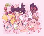  2boys :o ash_ketchum bag bangs blush brown_eyes brown_hair catsubun_(kkst0904) chansey clipboard comfey commentary_request cosplay crossdressing cutiefly dark-skinned_male dark_skin dress egg hat heart holding holding_clipboard holding_egg jigglypuff joy_(pokemon) joy_(pokemon)_(cosplay) kiawe_(pokemon) male_focus multiple_boys nurse_cap pikachu pink_dress pink_headwear pokemon pokemon_(anime) pokemon_(creature) pokemon_egg pokemon_sm_(anime) sandals short_hair short_sleeves shoulder_bag sparkle white_footwear 