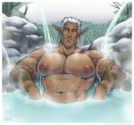  areola big_pecs body_hair border chest_hair dripping ear_piercing ear_ring elf eyes_closed facial_hair facial_piercing hair hi_res hot_spring humanoid lip_piercing mail-order-superhero male muscular muscular_humanoid muscular_male nipples not_furry nude onsen partially_submerged pecs piercing plant solo tattoo text tree url water wet white_border white_hair 