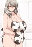  1girl animal_print apron bangs breasts closed_eyes closed_mouth collarbone commentary cow_print cowboy_shot eyebrows_visible_through_hair frilled_apron frills grey_hair groin hair_between_eyes hand_under_clothes highres huge_breasts mature_female naked_apron raised_eyebrows shiny shiny_hair solo strap_gap thick_thighs thighs tsukasawa_takamatsu uzaki-chan_wa_asobitai! uzaki_tsuki 