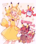  &gt;_&lt; 1girl 2boys ;d ash_ketchum blonde_hair blush brother_and_sister brown_eyes catsubun_(kkst0904) commentary_request cosplay dark-skinned_male dark_skin dress eyelashes hairband heart highres jewelry kiawe_(pokemon) mimo_(pokemon) multiple_boys necklace one_eye_closed open_mouth pikachu pikachu_ears pikachu_tail pikala pikala_(cosplay) pink_shirt pokemon pokemon_(anime) pokemon_(creature) pokemon_ears pokemon_sm_(anime) pokemon_tail rotom rotom_dex shirt short_sleeves siblings smile tail topless_male yellow_dress yellow_hairband 