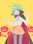  1girl adapted_costume antennae ascot bangs bat black_cloak black_legwear breasts cloak collared_shirt commentary_request eyebrows_visible_through_hair feet_out_of_frame ghost green_eyes green_hair halloween jack-o&#039;-lantern kari_(atsuki_565) long_sleeves looking_at_viewer open_mouth orange_skirt pantyhose pink_ascot red_cloak shirt short_hair skirt small_breasts smile solo star_(symbol) touhou two-sided_cloak two-sided_fabric white_shirt wriggle_nightbug yellow_background 
