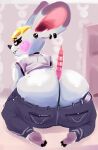  animal_crossing anthro bella_(animal_crossing) big_butt black_body black_fur blonde_hair butt clothed clothing ear_piercing feet female fur grey_body grey_fur hair hi_res huge_butt kiseff kneeling looking_back mammal mouse multicolored_body multicolored_fur murid murine nintendo pants_down partially_clothed piercing rodent solo thick_thighs video_games 