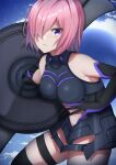  1girl absurdres armor armored_leotard bare_shoulders black_armor black_leotard blue_sky breastplate clothing_cutout cloud commentary_request detached_sleeves elbow_gloves eyebrows_visible_through_hair fallstreak_hole fate/grand_order fate_(series) gloves hair_over_one_eye highres holding holding_shield holding_weapon izzu leotard light_purple_hair looking_at_viewer mash_kyrielight one_eye_covered parted_lips pixiv_fate/grand_order_contest_1 purple_eyes serious shield short_hair sky solo teeth thighhighs thighs weapon 