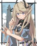 1girl arknights bangs blush brown_hair commentary eyebrows_visible_through_hair hair_ornament indigo_(arknights) infection_monitor_(arknights) long_hair motsupu parted_lips pointy_ears purple_eyes solo 