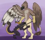  absurd_res anthro avian balls beak duo genitals gryphon hi_res horn knot kobold male male/male mythological_avian mythology penis sarek_aran_desian wings 