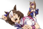  2girls animal_ears ankle_lock blue_jacket braid brown_hair ear_bow ear_ribbon french_braid grass_wonder_(umamusume) highres horse_ears horse_girl jacket long_hair long_sleeves meme multiple_girls neck_ribbon profanity puffy_short_sleeves puffy_sleeves purple_ribbon ribbon ruukii_drift shaded_face sharp_teeth short_hair short_sleeves special_week_(umamusume) teeth umamusume white_hair white_jacket wrestling 