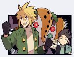  2boys ahoge bangs black_gloves black_hair blonde_hair buttons clenched_hands coat commentary_request finger_in_ear gloves green_coat green_eyes green_hair green_neckwear grin hair_between_eyes half-closed_eyes holding jaho male_focus multicolored_hair multiple_boys necktie palmer_(pokemon) pokemon pokemon_(creature) pokemon_(game) pokemon_dppt pokemon_platinum red_eyes regigigas short_hair smile spiked_hair sweater teeth thorton_(pokemon) two-tone_hair white_sweater 