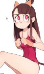  1girl absurdres animal_ears animal_hands bangs bare_shoulders breasts brown_hair closed_mouth confused highres kagari_atsuko little_witch_academia long_hair looking_at_viewer looking_away looking_up medium_breasts on_floor once_11h own_hands_together red_eyes red_swimsuit simple_background sitting solo swimsuit tied_hair white_background 