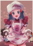 3girls :d alcremie apron black_hair blush buttons commentary_request cosplay dawn_(pokemon) dawn_(pokemon)_(cosplay) dress english_text eyelashes food frills fruit grey_headwear hair_ornament hairclip hat head_tilt highres hilda_(pokemon) long_hair looking_at_viewer misha_(ohds101) mittens mixing_bowl multiple_girls official_alternate_costume open_mouth pokemon pokemon_(creature) pokemon_(game) pokemon_bw pokemon_masters_ex pokemon_xy red_dress red_mittens serena_(pokemon) smile strawberry tongue whimsicott whisk 
