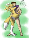  3:4 anthro bandai_namco bodily_fluids butt dekaisen digimon digimon_(species) duo embrace fan_character female female_penetrated hi_res human human_on_anthro interspecies kissing male male/female male_penetrating male_penetrating_female mammal penetration raised_leg renamon tears 