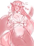  1girl :d ara_ara aroused artist_name blush bra breasts cleavage drooling english_commentary fangs hair_ornament hairclip heart heart-shaped_pupils hhhori highres lamia large_breasts long_hair mature_female miia&#039;s_mother monster_girl monster_musume_no_iru_nichijou navel pointy_ears self_fondle sketch smile solo sweat symbol-shaped_pupils unbuttoned unbuttoned_shirt underwear very_long_hair 