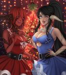  2girls ;p absurdres assisted_exposure au_ra avatar_(ffxiv) bangs belt blue_eyes blue_sclera blurry blurry_background breasts christmas christmas_tree cleavage clothes_lift colored_sclera colored_skin commission dragon_horns dress dress_lift final_fantasy final_fantasy_xiv highres horns inspy_art large_breasts long_hair looking_at_viewer medium_breasts mistletoe multiple_girls nipples one_eye_closed pink_eyes ponytail purple_lips red_skin scales short_hair smile tongue tongue_out 