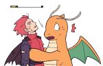  1boy ^^^ brown_cape cape commentary_request dragonite fainted health_bar holding jacket jaho lance_(pokemon) lowres male_focus open_mouth panicking pokemon pokemon_(creature) pokemon_(game) pokemon_frlg red_hair short_hair smile spiked_hair sweat torn_cape torn_clothes torn_jacket 