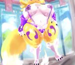  3_toes anthro armwear bandai_namco big_breasts bodily_fluids breasts camel_toe clothed clothing curvy_figure day digimon digimon_(species) feet female fingers fur hand_on_hip huge_breasts kiseff markings multicolored_body multicolored_fur navel nipples outside renamon skimpy solo standing sweat thick_thighs toes voluptuous white_body white_fur wide_hips yellow_body yellow_fur 